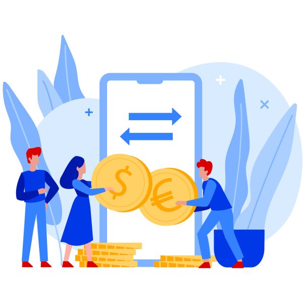 Flat people holding euro and dollar coins in hands. Characters currency exchange or converter. Online money transfer or mobile banking concept. Mobile applications for quickswap of foreign money.